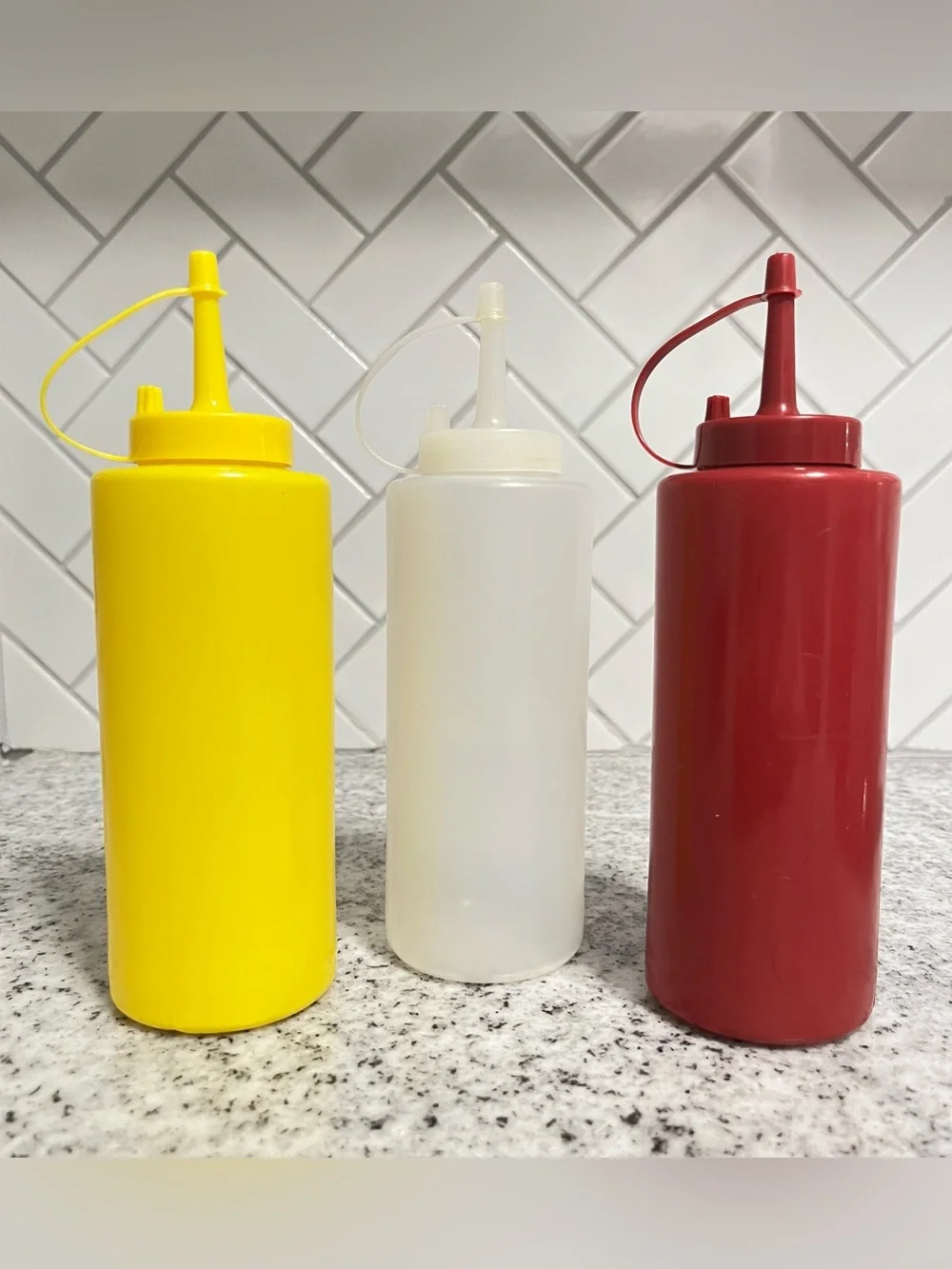 Set of 3 Plastic Squeeze Condiment Bottles Red Yellow White Restaurant Style